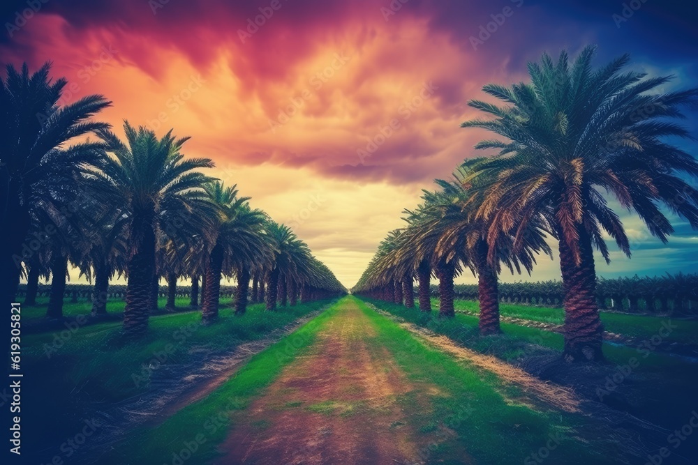 scenic dirt road with palm trees and cloudy sky. Generative AI