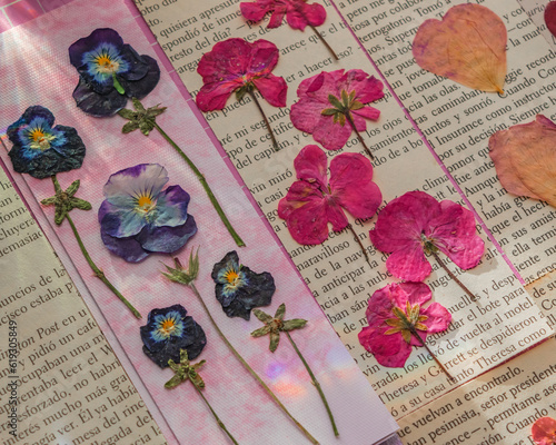 beautiful variety of pressed flower bookmarks close up