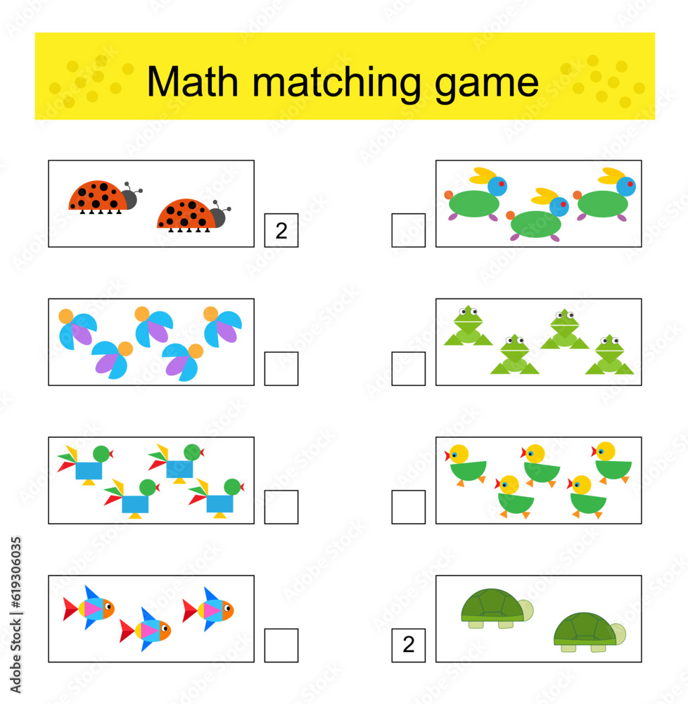 Math matching game for kids. Count animals and match the same. Preschool worksheet activity.