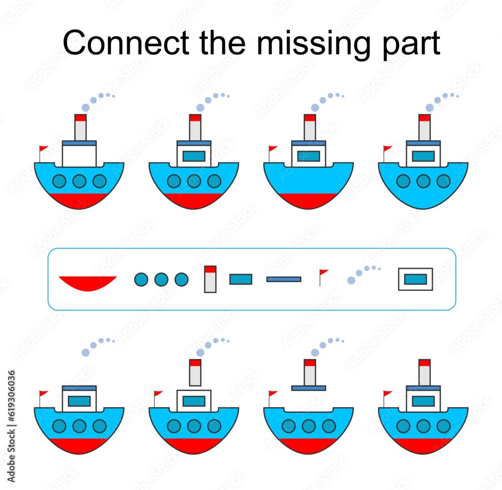 Connect the missing part. Task for the development of attention and logic. Vector illustration of the cartoon ship. Connect the missing part. Task for the development of attention and logic. Vector illustration of the cartoon ship.