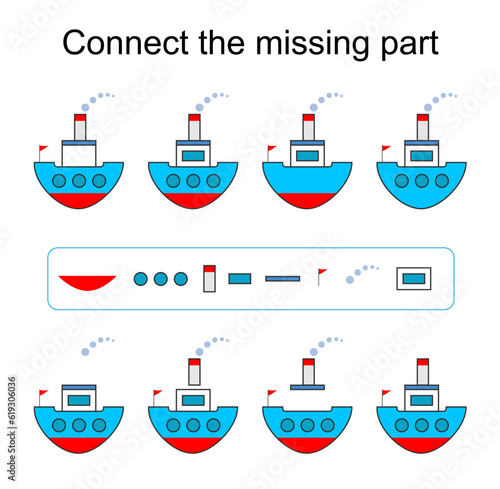 Connect the missing part. Task for the development of attention and logic. Vector illustration of the cartoon ship.