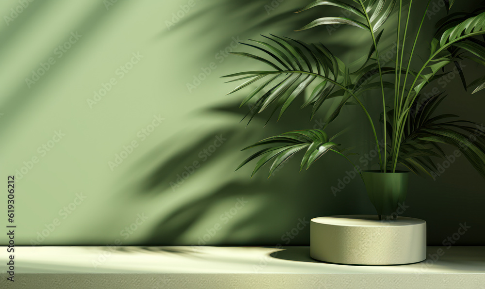 A modern green counter table top with a bamboo palm tree in sunlight and leaf shadow on a green wall background. 3D image for luxury organic cosmetic, skin care, and beauty treatment product display. A modern green counter table top with a bamboo palm tree in sunlight and leaf shadow on a green wall background. 3D image for luxury organic cosmetic, skin care, and beauty treatment product display.