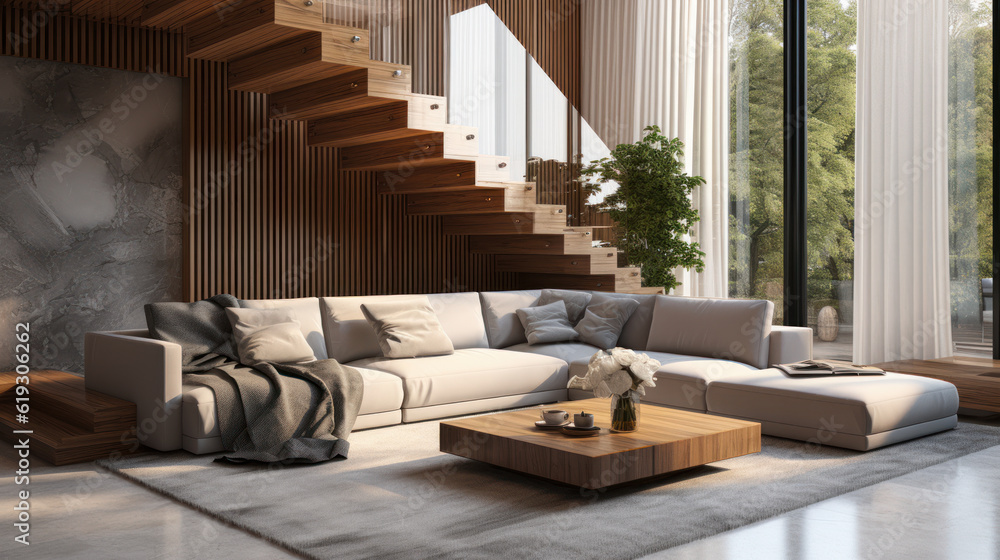 Luxury living room, gray corner sofa on shag rug, L shape wood ...