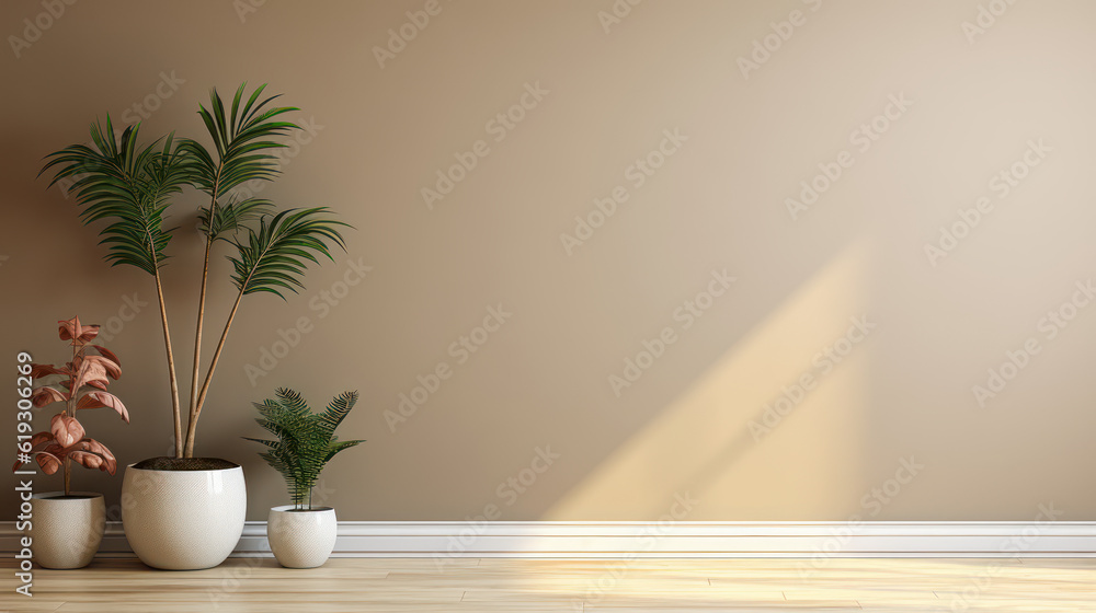 Background of a home with a beige brown wall, a green tropical tree in a white modern design pot, a baseboard on a wooden parquet in sunshine, and a 3D background of an appliance product Background of a home with a beige brown wall, a green tropical tree in a white modern design pot, a baseboard on a wooden parquet in sunshine, and a 3D background of an appliance product