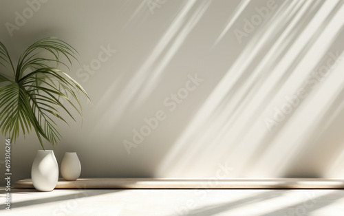 Elegant summer, nature, and hygiene organic product display backdrop 3D with lush tropical plant tree foliage in sunlight, leaf shadow on table counter, and white wall with space. 