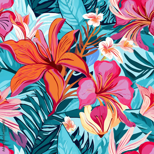 Fototapeta Naklejka Na Ścianę i Meble -  Seamless Modern Tropical Floral Pattern: Bold, Abstract Color Combinations for a Contemporary, Unique Print. Seamless pattern. Infinitely tileable.