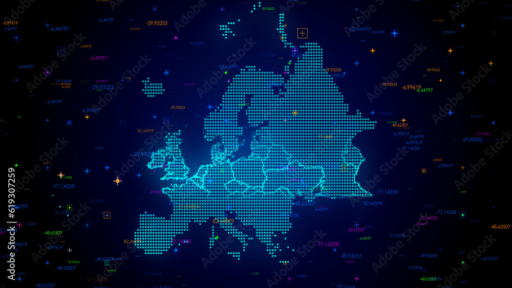 Futuristic Blue Colorful Shiny Digital Technology Hud Dots Mosaic Grid Europe Map Light Scanning With Numeric Tech Particles Background