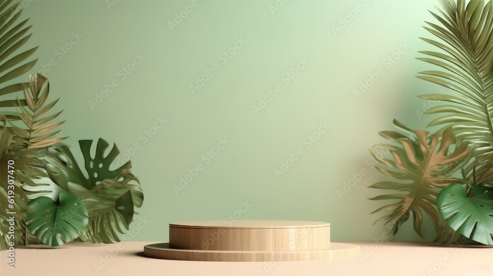 An empty wooden plate in front of a green wall with some green leaves to present products.