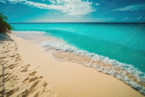 picturesque beach scene with sandy shores and clear blue waters. Generative AI