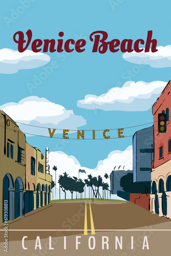 California Venice Beach travel retro poster vector