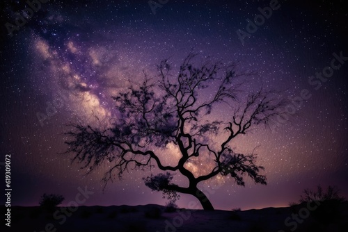 solitary tree standing against a starry night sky. Generative AI