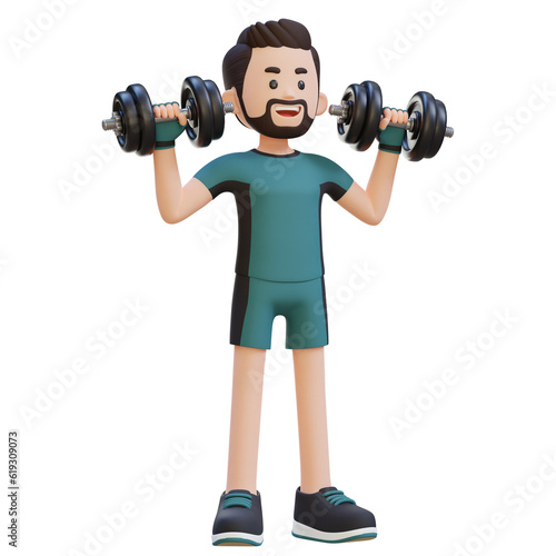 3D Sportsman Character Performing Dumbbell Shoulder Press © Novian