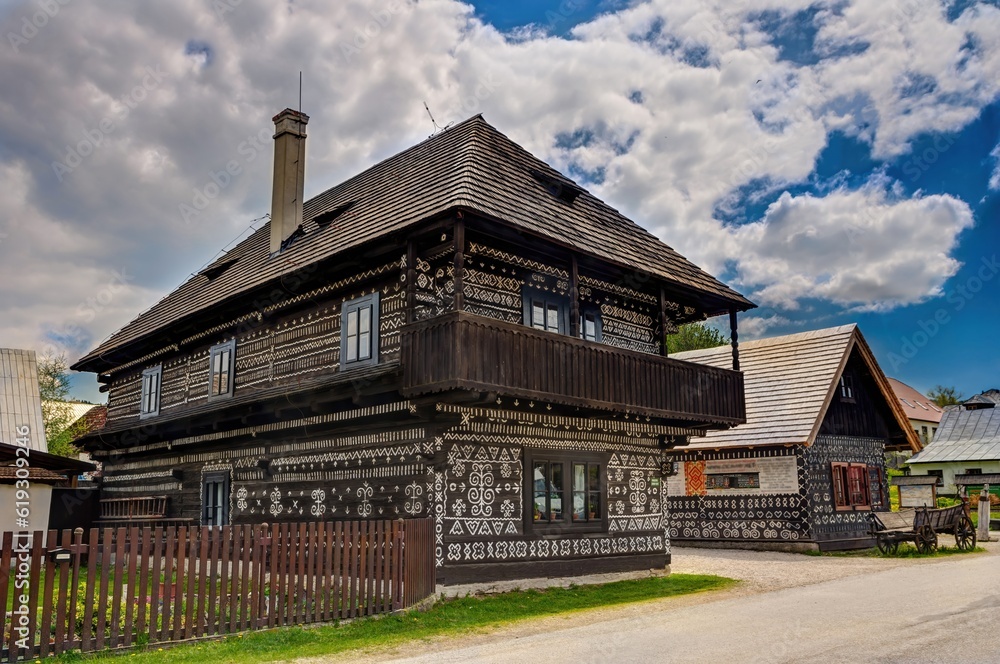 Village with old wooden houses in Slovakia village Cicmany. Folk architecture of Slovakia