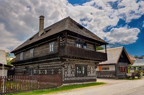 Village with old wooden houses in Slovakia village Cicmany. Folk architecture of Slovakia
