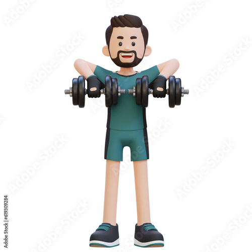 3D Sportsman Character Performing Upright Row with Dumbbell