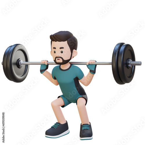 3D Sportsman Character Building Lower Body Strength with Barbell Squat Workout