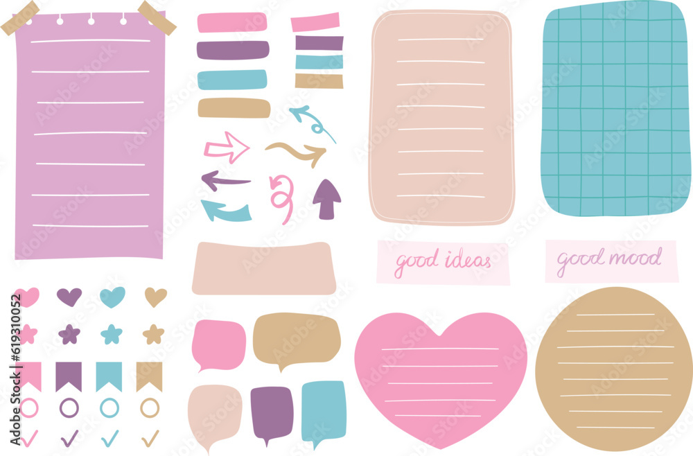 Collection of various colorful paper notes. Blank cartoon banners and sticky notes for to-do-list, memo message notepads paper sheets and planner