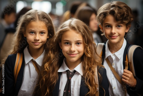 Portrait of girls in school uniform. The girls go to school. Generative AI.