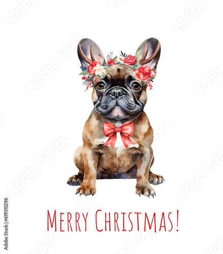 Watercolor Christmas french bulldog. Xmas cute dog in hat, tie and bow. Merry Christmas bulldog. AI generated. © Берилло Евгения