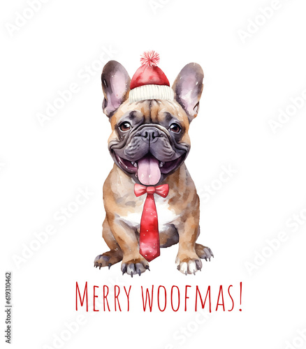 Watercolor Christmas french bulldog. Xmas cute dog in hat, tie and bow. Merry Christmas bulldog. AI generated. © Берилло Евгения