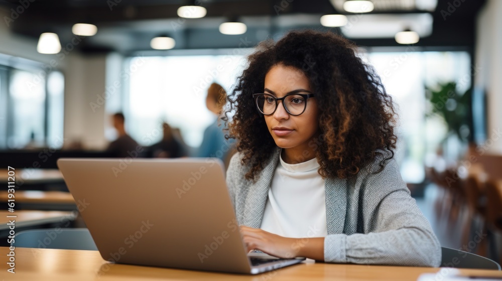 Young businesswoman using a laptop at her desk in a modern office. Portrait of an successful young creative businesswoman using PC at her workplace in the modern office. Generative Ai. Young businesswoman using a laptop at her desk in a modern office. Portrait of an successful young creative businesswoman using PC at her workplace in the modern office. Generative Ai.