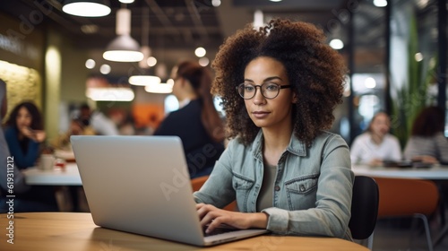 Young businesswoman using a laptop at her desk in a modern office. Portrait of an successful young creative businesswoman using PC at her workplace in the modern office. Generative Ai.