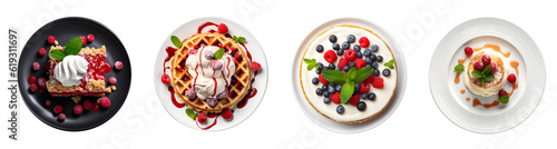 Set of top view tasty delicious desserts meal food in plate, Red berries crumble bar, Belgian waffles with ice cream and mix berry, cheesecake with fresh berries, Petit gateau,  ai generate photo