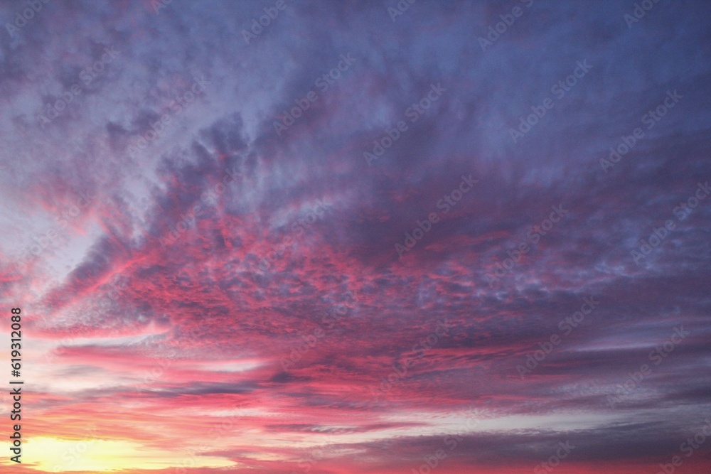 Panoramic sunrise or sunset sky. Colorful clouds. Nature background
