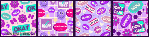 Y2k seamless sticker pattern set rertro design. Sticker smile and with text. Trendy y2k positive pattern. Collage purple and pink label on background. Vector illustration