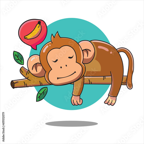 Cute Monkey Sleeping On The tree and imagine a banana. Monkey Icon Concept. Flat Cartoon Style. Suitable for Web Landing Page, Banner, Flyer, Sticker, Card.