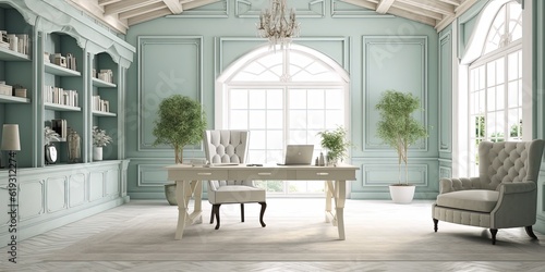 Shabby chic office interior background, 3D render