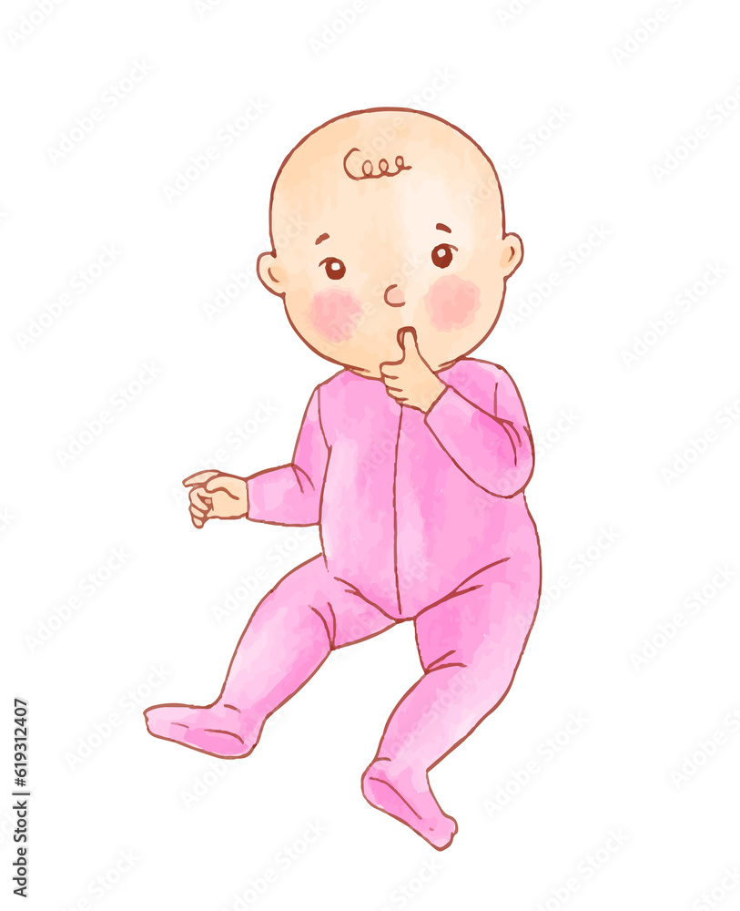 Watercolor illustration of cute baby in pink pajamas Watercolor illustration of cute baby in pink pajamas