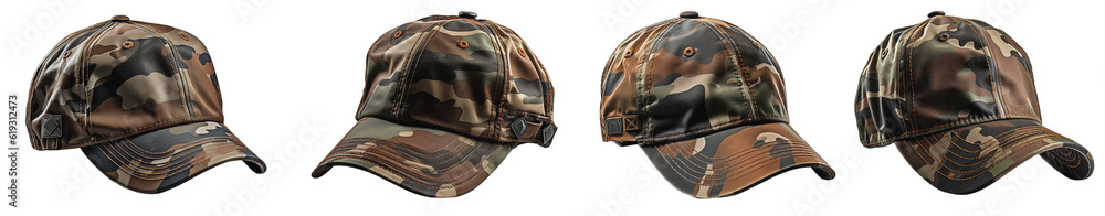 Fototapeta premium collection of four different camouflage army caps on a transparent background, Generative AI