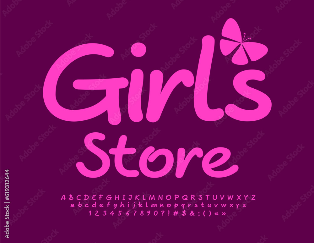 Vector funny Signboard Girls Store.  Creative Pink Font. Handwritten Alphabet Letters, Numbers and Symbols