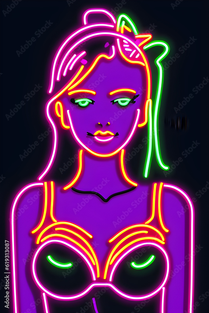 Illustration of a neon sign featuring a young woman. (AI-generated fictional illustration)
