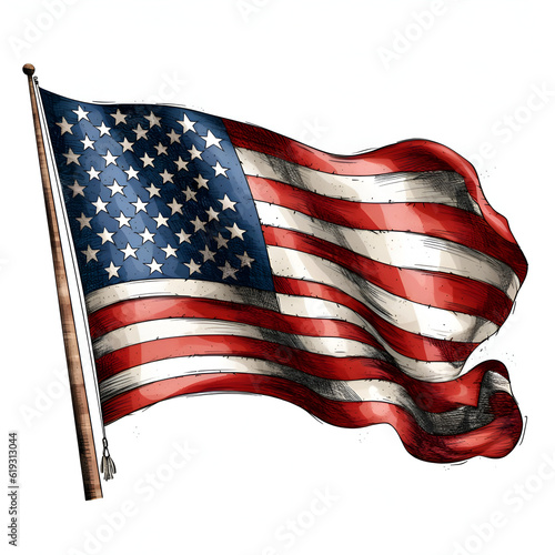 American flag waving in the wind. Hand-drawn illustration.