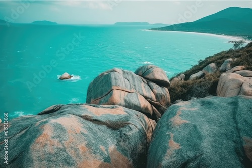 serene lake surrounded by rocky mountains. Generative AI