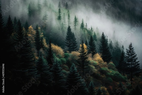 dense foggy forest with tall trees and misty atmosphere. Generative AI