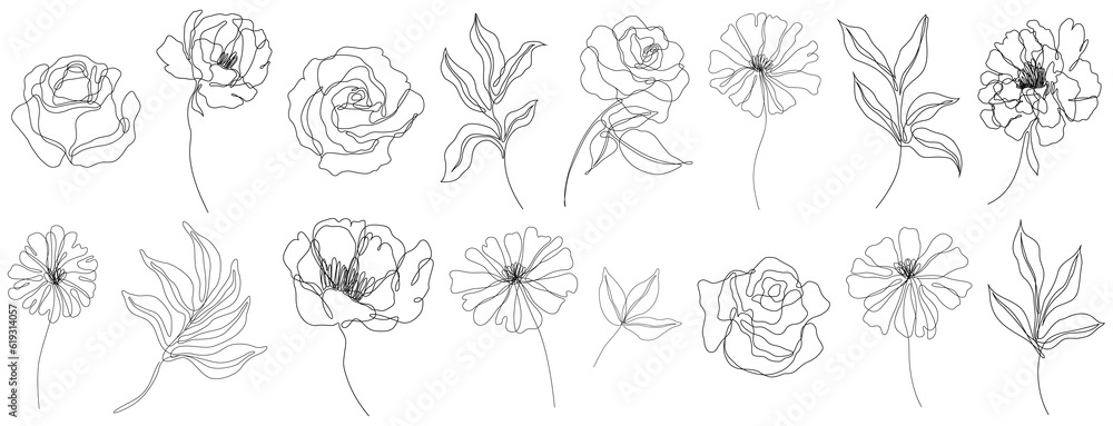Abstract flowers isolated illustration. Wildflowers for background. Simple minimalist art set continuous line drawing. - obrazy, fototapety, plakaty 