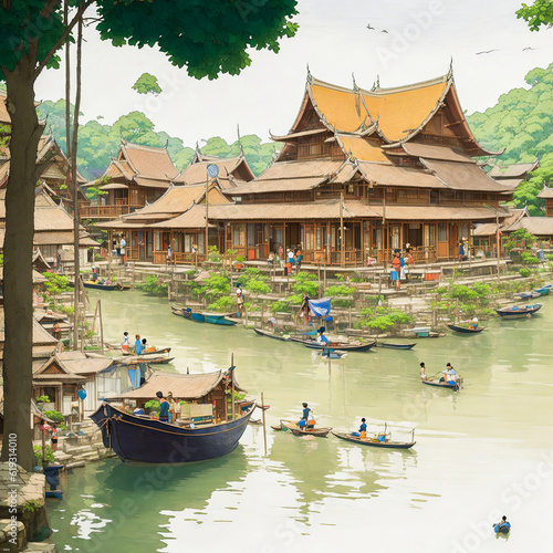 Wallpaper Mural Abstract illustration of Taiwan village with boats and canal Torontodigital.ca