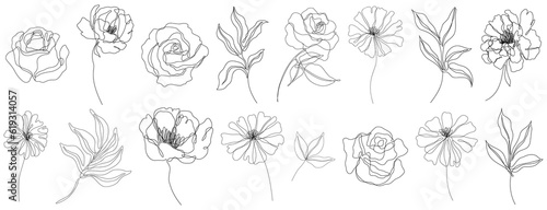 Abstract flowers isolated illustration. Wildflowers for background. Simple minimalist art set continuous line drawing.