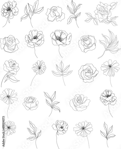 Abstract flowers isolated illustration. Wildflowers for background. Simple minimalist art set continuous line drawing.