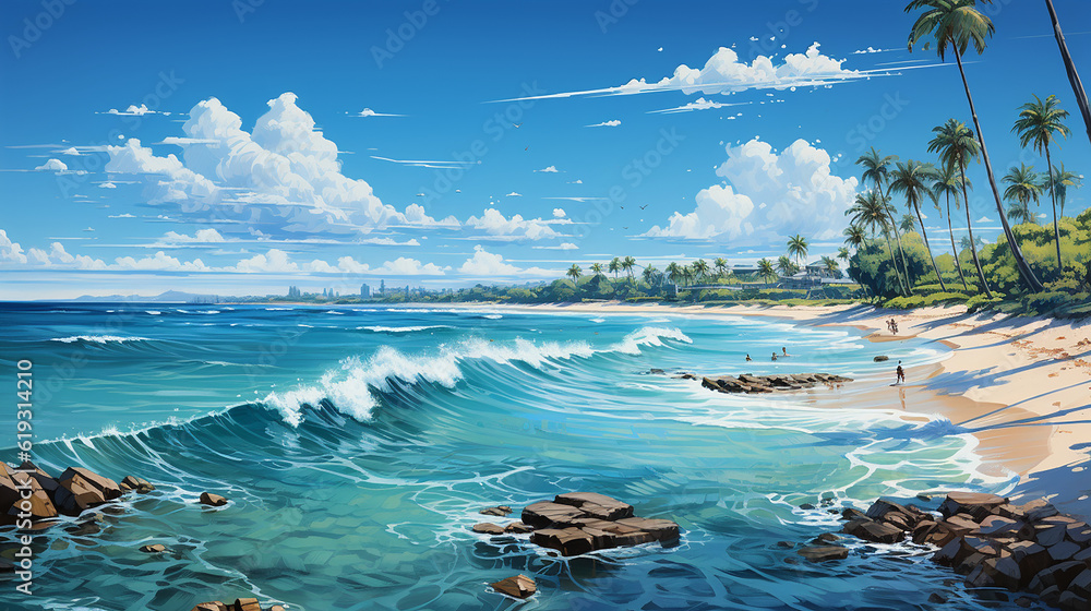 Beach Panorama with blue water and palm trees