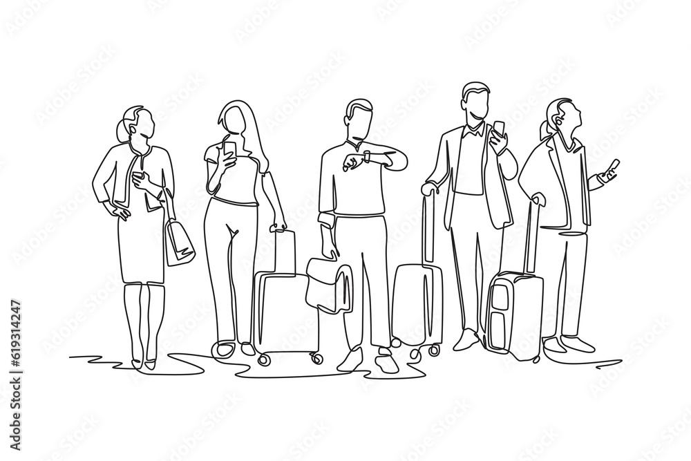 Continuous one line drawing concept of a crowd of happy people outdoors. Single line draw design vector graphic illustration. Continuous one line drawing concept of a crowd of happy people outdoors. Single line draw design vector graphic illustration.