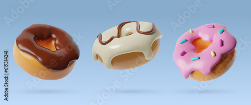 3d donuts food icons set different three dimentional realistic plastic flying doughnut vector objects