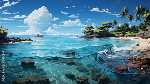 Panorama plaży z błękitną wodą i palmami
