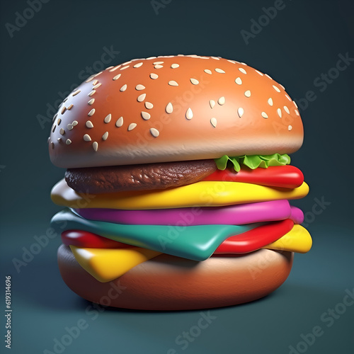 Big hamburger with colorful toppings. 3d rendering. Computer digital drawing.