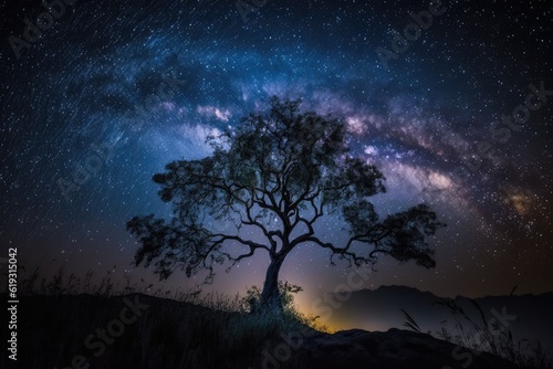 solitary tree standing under a starry night sky in an open field. Generative AI