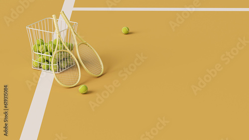 Minimal composition for sport and healthy concept. Tennis ball and racket on green tennis court  in pastel colors background. Padel tennis. Advertisement idea. Creative composition. 3d render