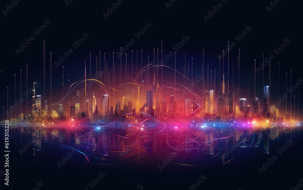 A technology light line connecting the city with waves. A technology light line connecting the city with waves.